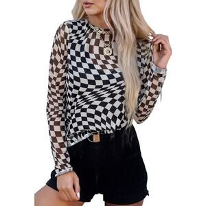 Black White Checkered Pattern Mesh Mock Neck Long Sleeve Top New